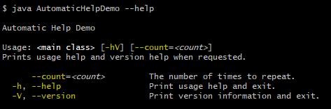Usage help message for AutomaticHelpDemo