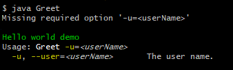 Screenshot of error message and usage help for Greet application